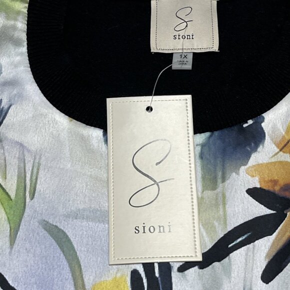 Sioni Sweater Womens 1X Colorful Floral Satin Panel Front Black Knit Pullover - Picture 5 of 10